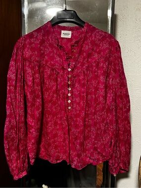 Isabel Marant Raspberry Pink Pintuck Floral Button Blouse